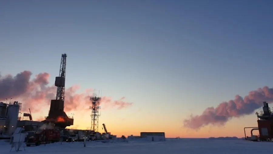 Drilling rig at dusk on the North Slope